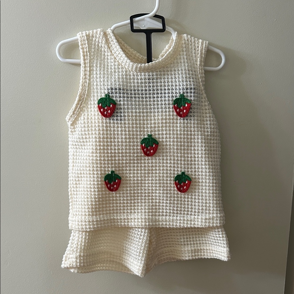 Cream Knit Strawberry Tank and Shorts Set